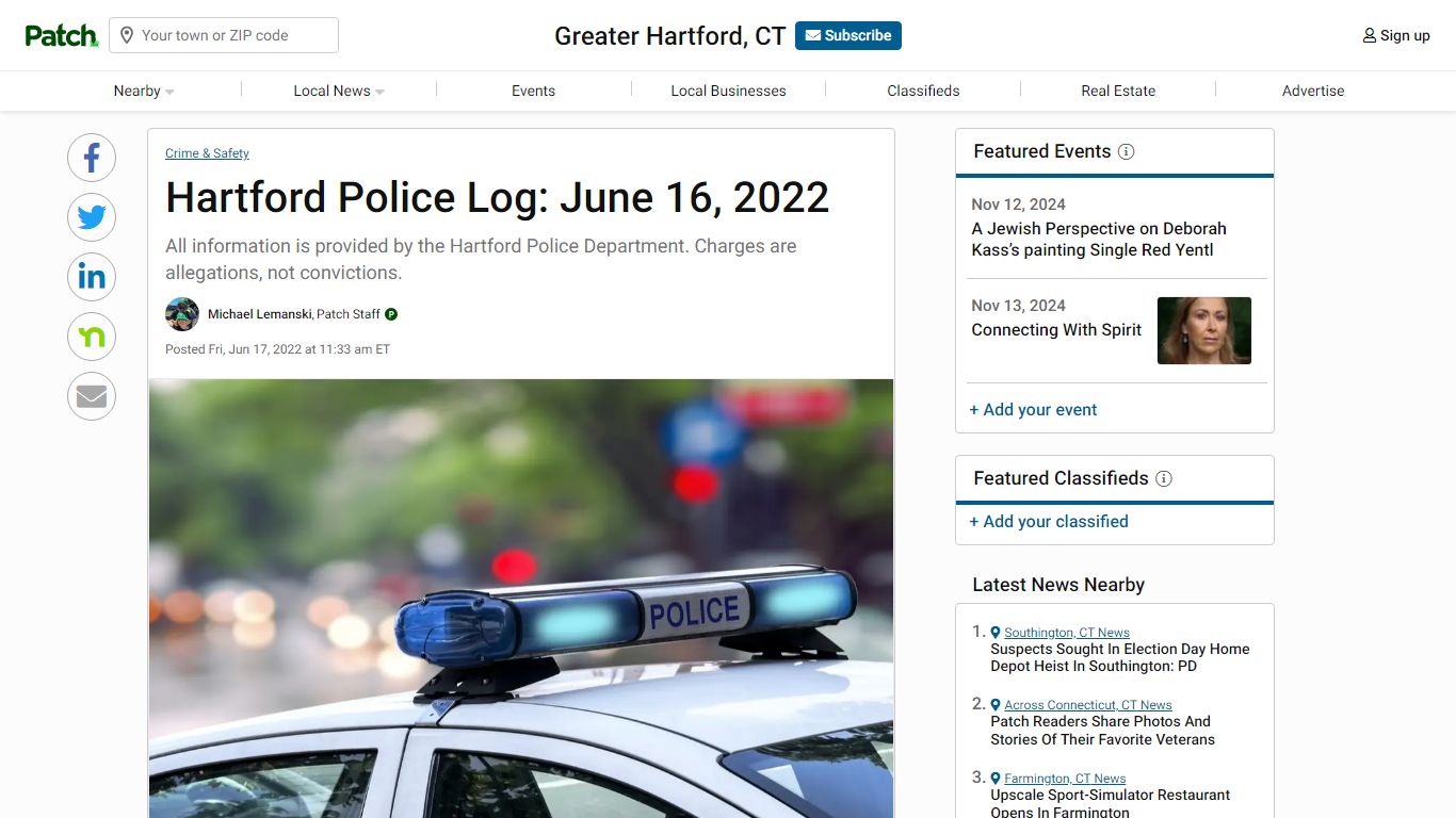 Hartford Police Log: June 16, 2022 | Greater Hartford, CT Patch